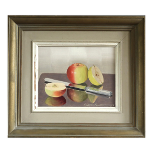 Mid-Century Modern 'Apple Reflection' Vintage Swedish Realism Still Life Oil Painting, Framed