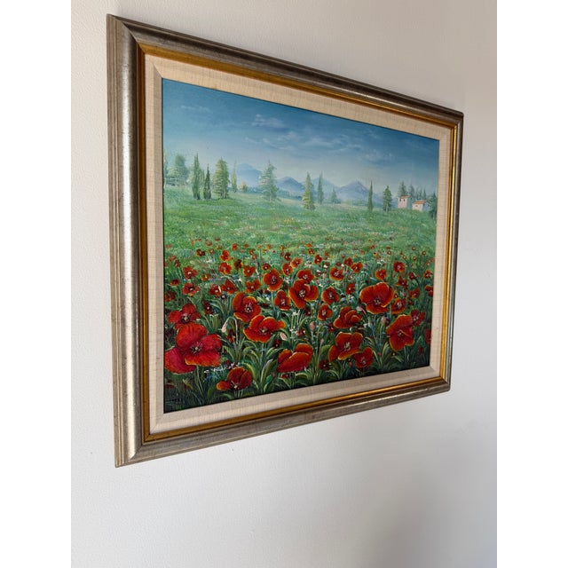Mid-Century Modern 1980s C. Benolt Floral Farm Landscape Oil on Canvas Painting, Framed For Sale - Image 3 of 12
