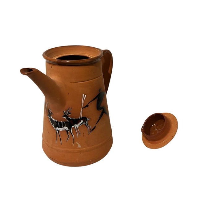 Vintage Mid Century Modern African Tribe Hunting Ceramic Terra Cotta Teapot Vintage Gazelle For Sale In Palm Springs - Image 6 of 10