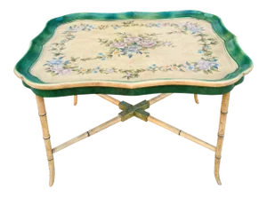 Vintage Chinoiserie Hand Painted Yellow and Green Faux Bamboo Floral Tray Side Table