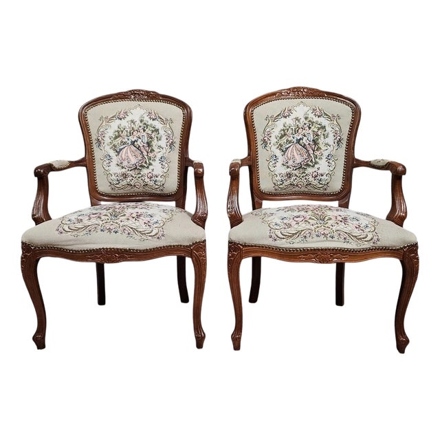 Louis XV Style Armchairs with Tapestry Upholstery, Set of 2 For Sale