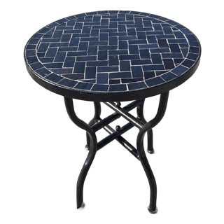 18" Mini Moroccan Mosaic Accent Table – Black Herringbone Tile Top For Sale
