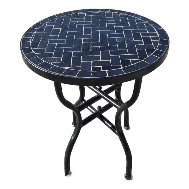 18" Mini Moroccan Mosaic Accent Table – Black Herringbone Tile Top For Sale