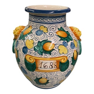 Vintage Italian Majolica Style Large Ceramic Urn Vase With Putto and Lion Head Handles For Sale