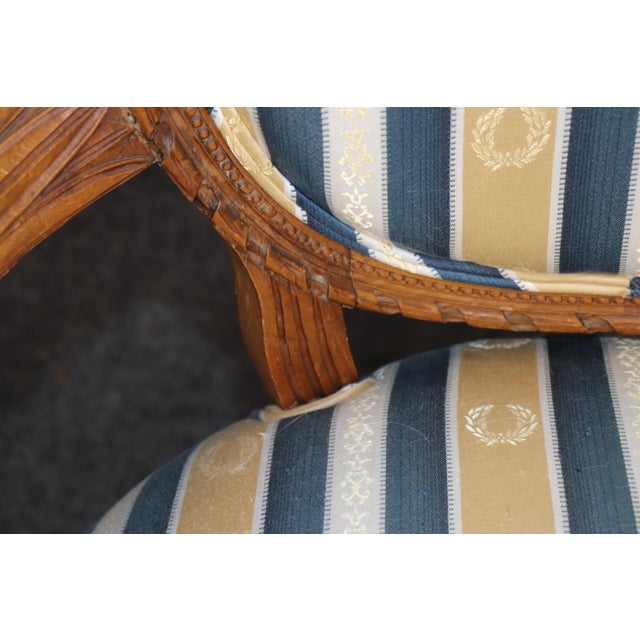 Pair 1920's French Louis XVI Carved Armchairs With Silk Upholstery For Sale - Image 13 of 15