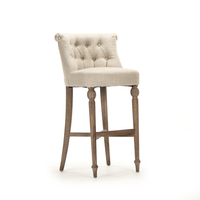 French Country Amelie Tufted Bar Stool - Natural Linen / Weathered Oak Legs For Sale - Image 3 of 5