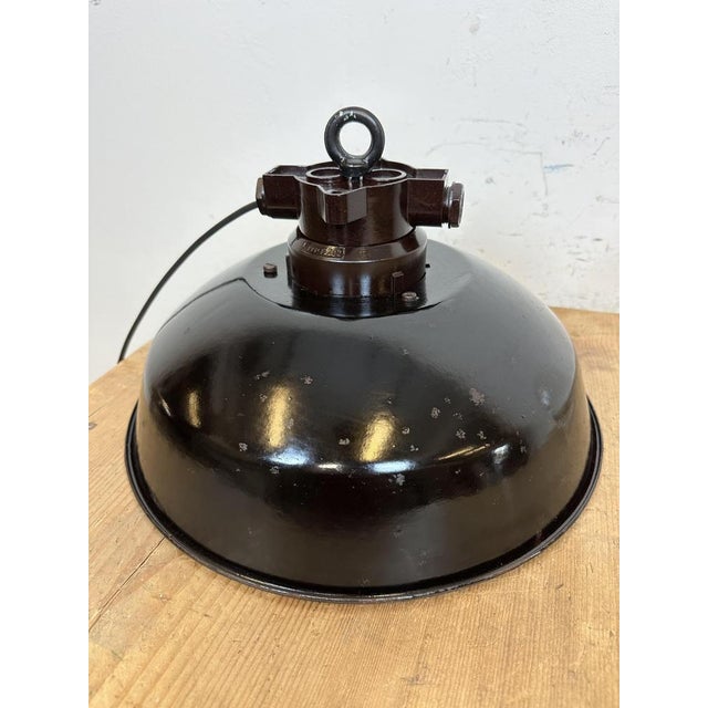 Glass Industrial Black Enamel Factory Pendant Lamp, 1950s For Sale - Image 7 of 18
