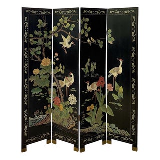 Vintage Chinese Carved Four-Panel Screen in Polychrome Lacquer For Sale