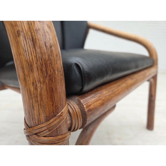Mid-Century Modern Danish Armchair in Rattan and Black Leatherette, 1970s For Sale - Image 3 of 18