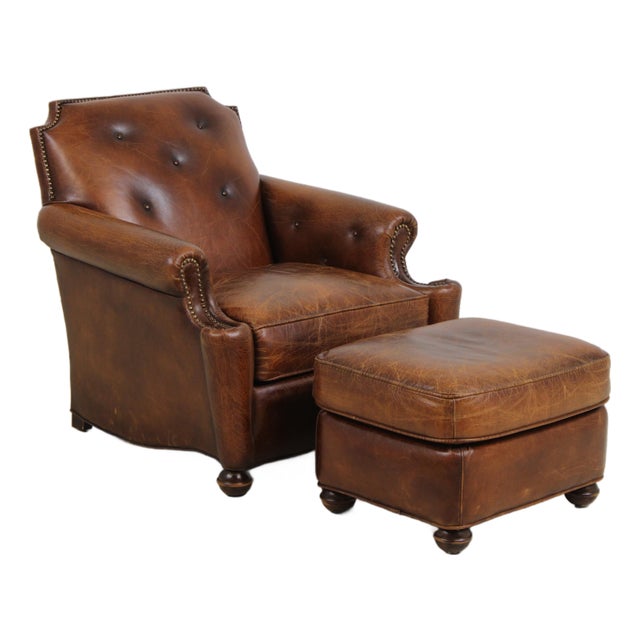 Stickley Tufted Back Leather Chair & Ottoman For Sale