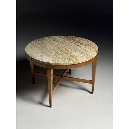 Travertine coffee table with marble top. 80ø x 56H cm