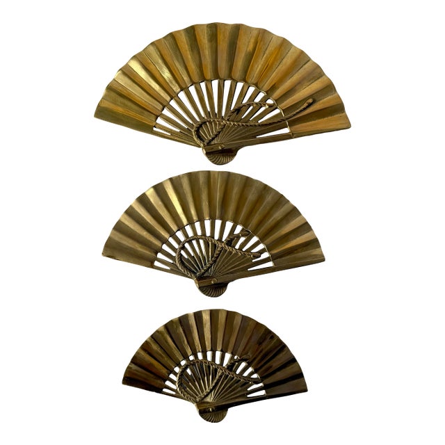 Vintage Mid-Century Modern Brass Fan Wall Hangings - Set of 3 For Sale