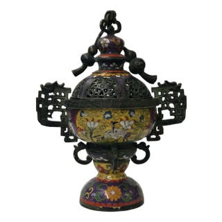 Chinese Metal Blue Yellow Enamel Cloisonne Ding Shape Incense Burner Figure For Sale