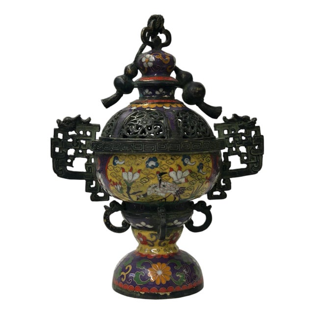 Chinese Metal Blue Yellow Enamel Cloisonne Ding Shape Incense Burner Figure For Sale