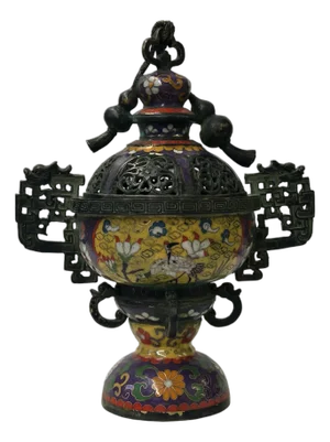 Chinese Metal Blue Yellow Enamel Cloisonne Ding Shape Incense Burner Figure