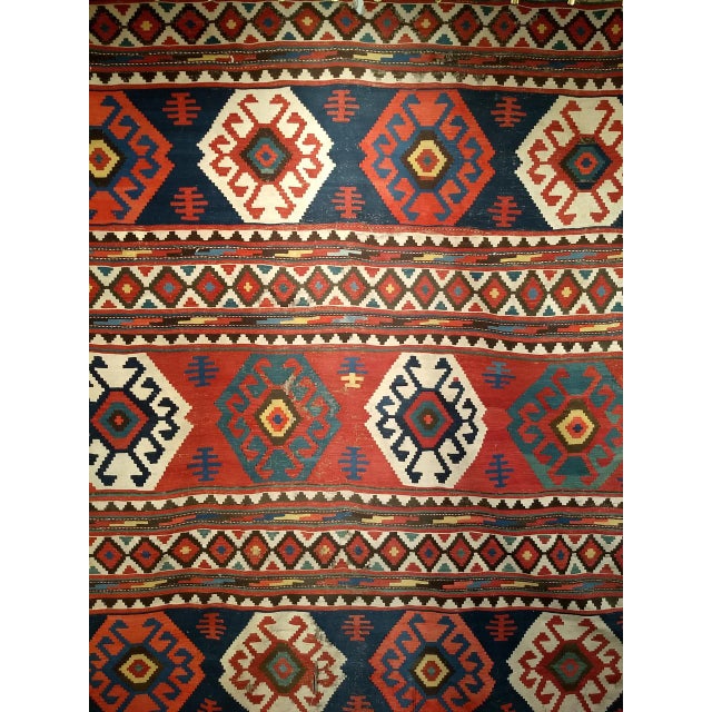 19th Century Caucasian Kazak Kilim, Geometric Pattern, Wool Flatweave, Blue & Green, 7' X 12' For Sale - Image 17 of 18
