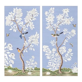20" *40"/Panel, a Set of 2 Panels Blue Chinoiserie Printed Wallpaper Panels, Tea Paper For Sale
