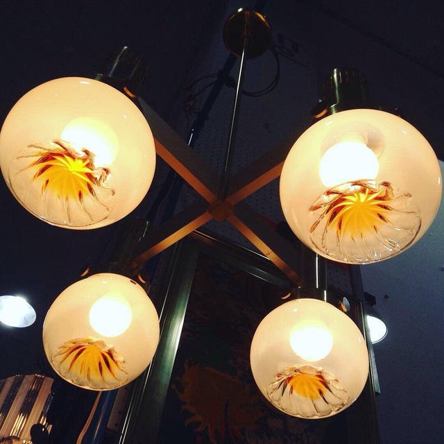 Vintage Lightolier Gold Colored Brass Chandelier Art Glass Globes