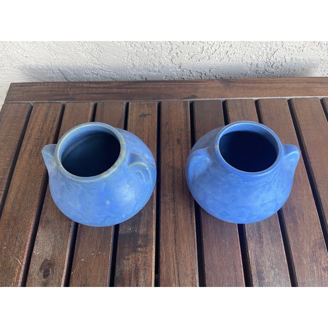 Folk Art Pottery Brush McCoy Vellum Blue Glaze Fawn Vases - Pair For Sale - Image 4 of 7