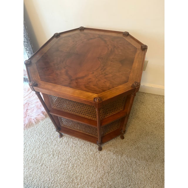 Baker Furniture Company 1950s Baker Walnut/ Cane Octagonal Side Table. Top Has Bookmatched Finish. Original Finishes in Pristine Condition. For Sale - Image 4 of 6