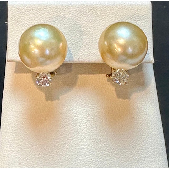 Gemstone 15 mm Round Golden South Sea Pearl & 1 Ct Diamond Cocktail Stud Earrings 14 KG For Sale - Image 7 of 18