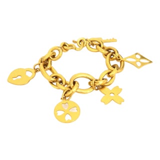 Vintage 24k Bracelet Yellow Gold 5 Dangle Charms Oval Chain Link For Sale