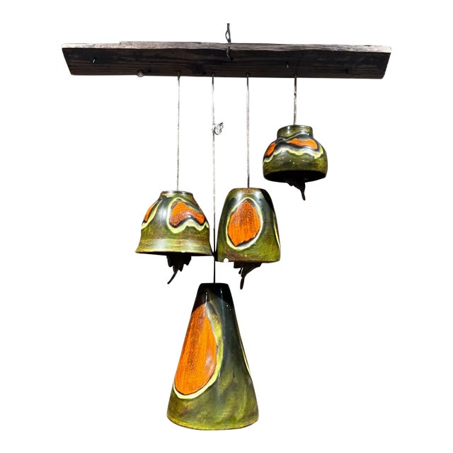 1980s Handcrafted Vintage Artisan Wind Bell Ceramic and Wood Chime For Sale