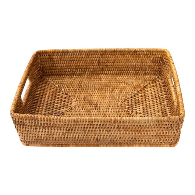 Artifacts Rattan Rectangular Storage Basket with Rounded Corners in Honey Brown - 14" For Sale