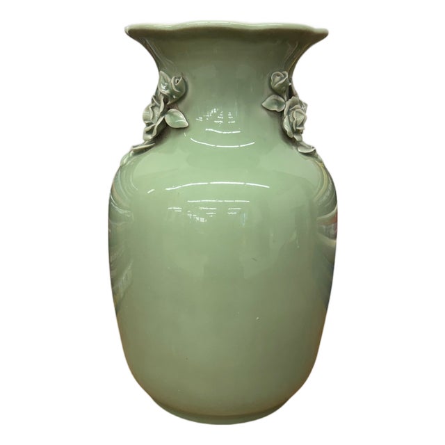 Green Vase with Botanical Theme Handles & Scalloped Top For Sale