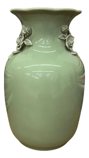 Green Vase with Botanical Theme Handles & Scalloped Top