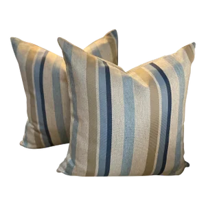 Custom Blue + Tan Striped Euro Pillows- a Pair