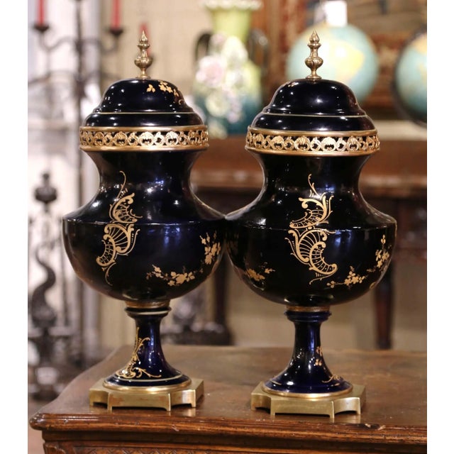 Black Pair of 19th Century French Sevres Royal Blue Porcelain & Bronze Covered Urns For Sale - Image 8 of 12