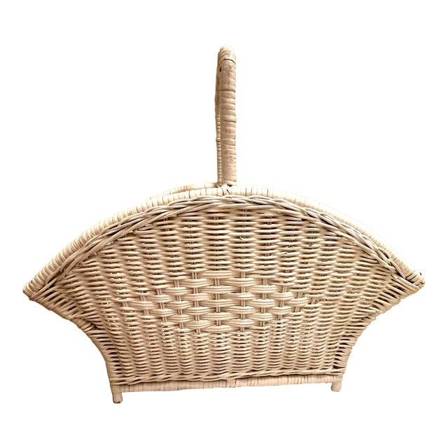 Vintage White Painted Wicker Magazine Holder For Sale