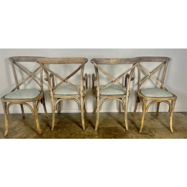 Rustic Set of Four Primitive Dining Chairs W/ Linen Seats For Sale - Image 3 of 16