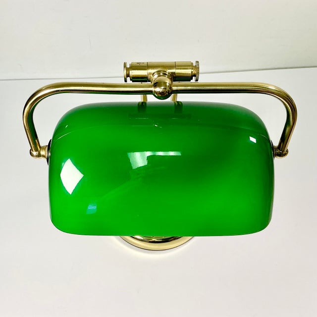 1970s Vintage Art Deco Arts & Crafts Emeraldite Bottle Green Glass Shade Brass Bankers Desk Lamp For Sale - Image 16 of 16