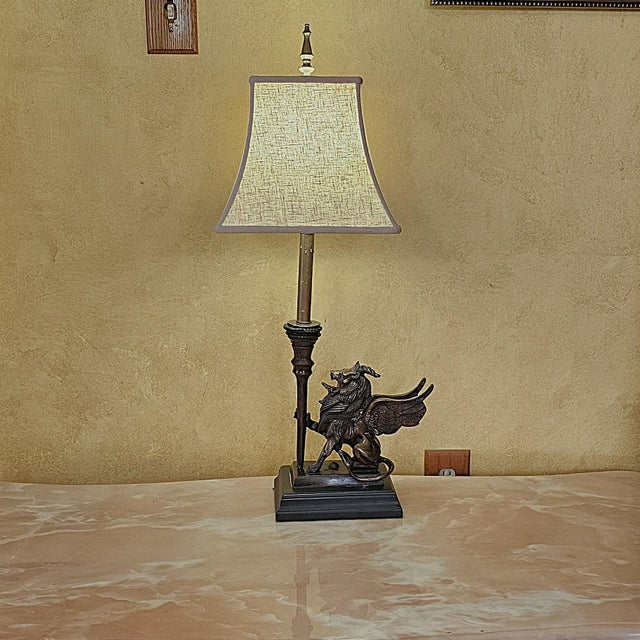 Vintage Neoclassical Bronze Winged Lion Griffin Table Lamp With Linen Shade For Sale - Image 4 of 18