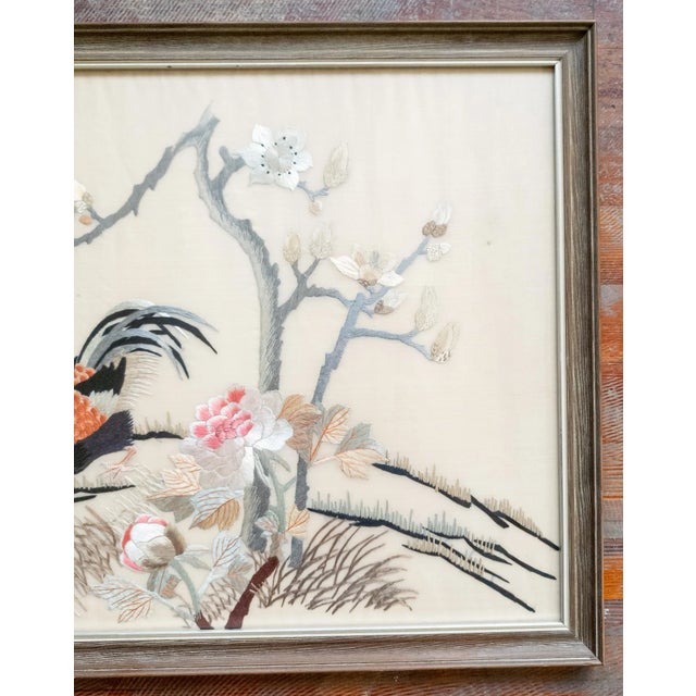 Mid-Century Chinese Chinoiserie Silk Embroidered Panel With Chickens For Sale - Image 4 of 9