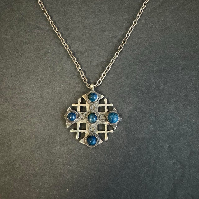 Mid-Century Modern Vintage Jerusalem Cross Pendant Necklace 800 Silver Blue Lapis Cabachon Stones For Sale - Image 3 of 10