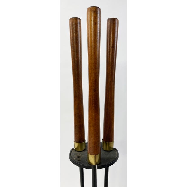 Mid-Century Modern Vintage MCM Iron and Wood Fireplace Tools on Stand For Sale - Image 3 of 5