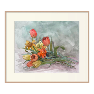 "Lilies and Tulips" Original Impressionist Flower Still Life Watercolor on Paper Painting Art by Anna Novick, Framed