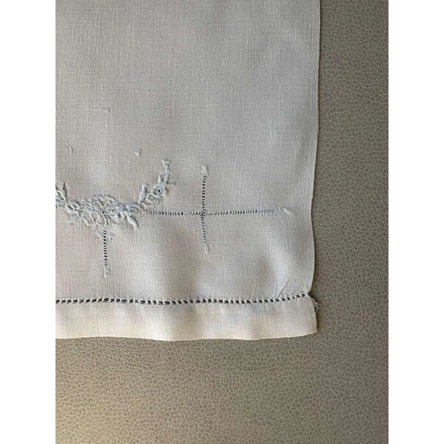 Vintage Heirloom Linen Guest Towel with Hand Drawn Thread Medallion and Blue Embroidery, Single European Fingertip Towel For Sale - Image 4 of 10