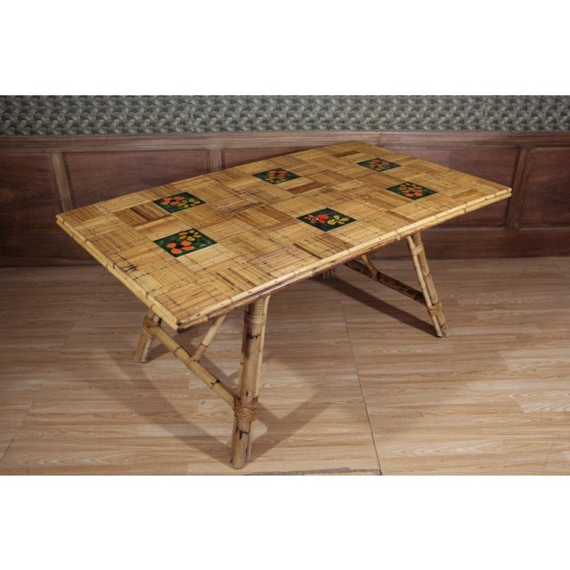 Brown Rattan and Ceramic Dining Room Table from Audoux Minet by Adrien Audoux & Frida Minet, 1960s For Sale - Image 8 of 8