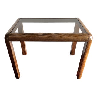 Mid Century Oak Side Table Tinted Glass Top Waterfall Corners For Sale