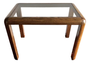 Mid Century Oak Side Table Tinted Glass Top Waterfall Corners