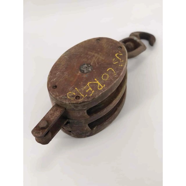 Brown Double Pulley in Wrought Iron and Solid Wood For Sale - Image 8 of 10