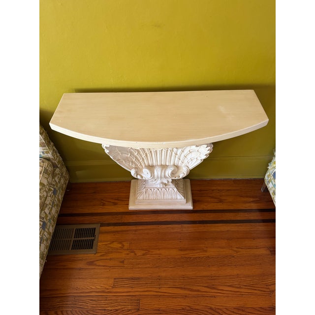Shell Attributed Grosfeld House 1940’s Hollywood Regency Shell Demi Lune Console Table For Sale - Image 7 of 9