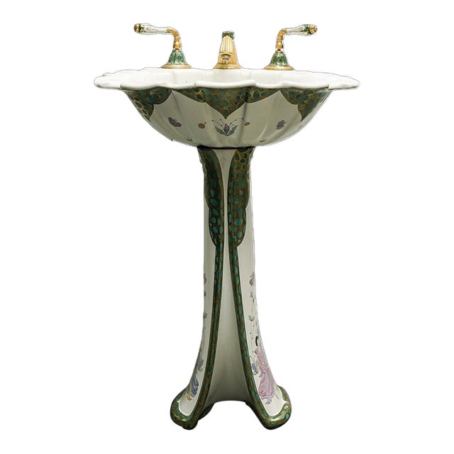 Rare Sherle Wagner Chinoiserie Hand-Painted Porcelain Pedestal Sink & Gilt Hardware Set For Sale