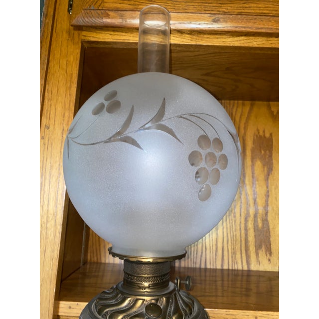 1940s French Victorian Electrified Oil Lamp With Etched Hand Blown Globe and Clear Chimney With Brass Base For Sale In Monterey, CA - Image 6 of 9