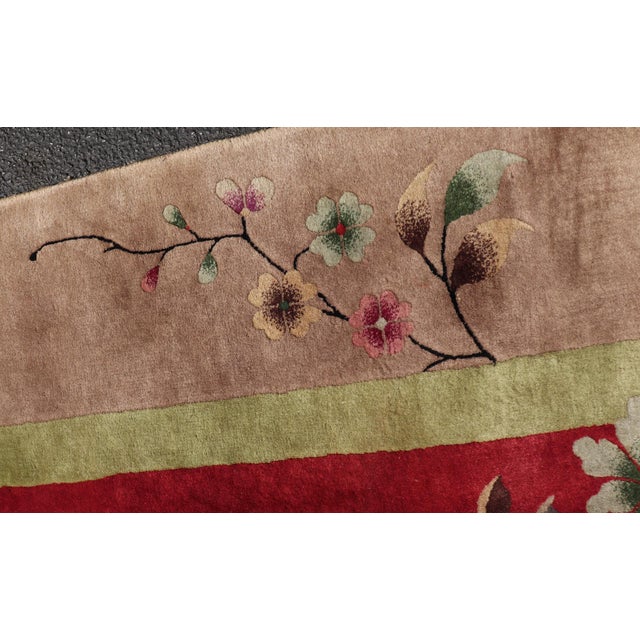 Antique Art Deco Rug in Rich Red Field With Light Grey and Floral Accents For Sale - Image 4 of 14