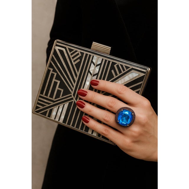 Bochic “Orient” Vintage London Blue Topaz & Orange Sapphire Ring, 18K Gold & Sil For Sale - Image 15 of 16